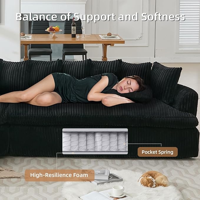 129 Oversized L-Shaped Sectional Couch Corduroy Upholstery Boneless Couch with 10 Pillows Modern Cloud Sofa Black Couches for Living Room Soft Deep Seat Sponge Sofa No Assembly