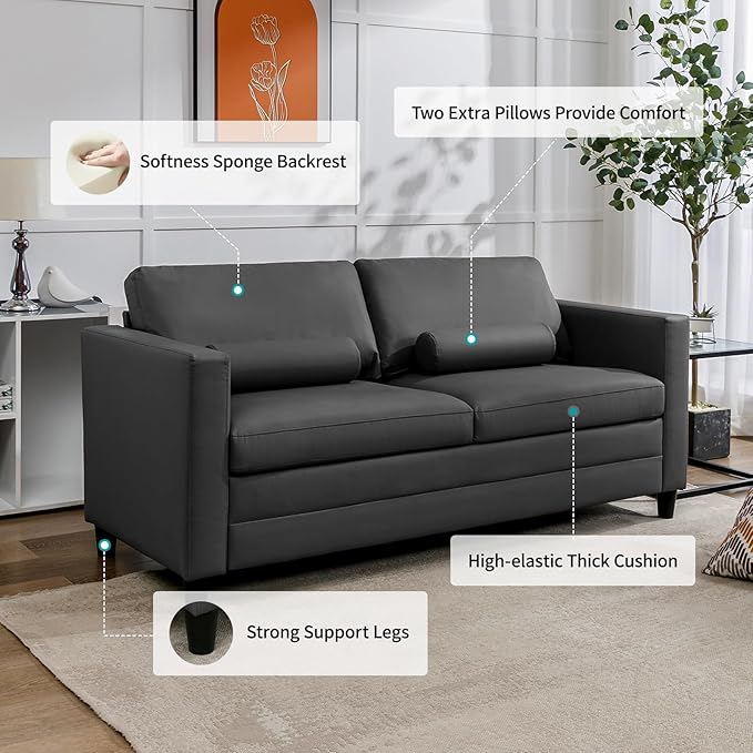 BALUS 79 W Queen Size Pull Out Sofa Bed 2-in-1 Convertible Sleeper Couch with Fold Out Mattress Modern Faux Leather Sleeper Sofa for Living Room Apartment Includes 2 Bolster Pillows - Dark Grey