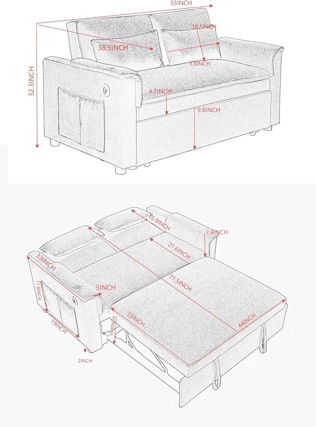 55 Convertible Loveseat Pull Out Sofa Bed for Living Room 3 in 1 Multi-Functional Sleeper Sofa Chaise Lounge Daybed Sofacama w/Adjustable BackrestUSB PortsSide Pockets