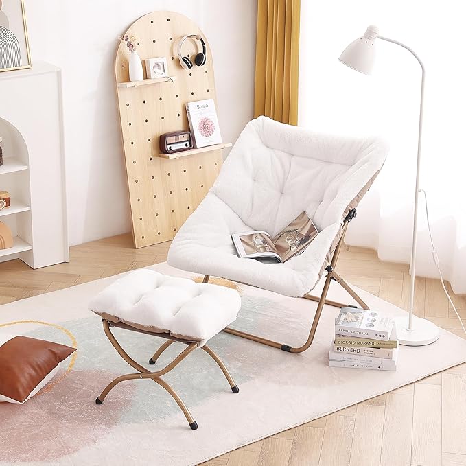 Tiita Folded Chair with Ottoman Soft Faux Fur Oversized Folding Accent ChairLazy Chair Metal Frame Moon Chair for Bedroom Living Room Dorm Rooms Garden and Courtyard