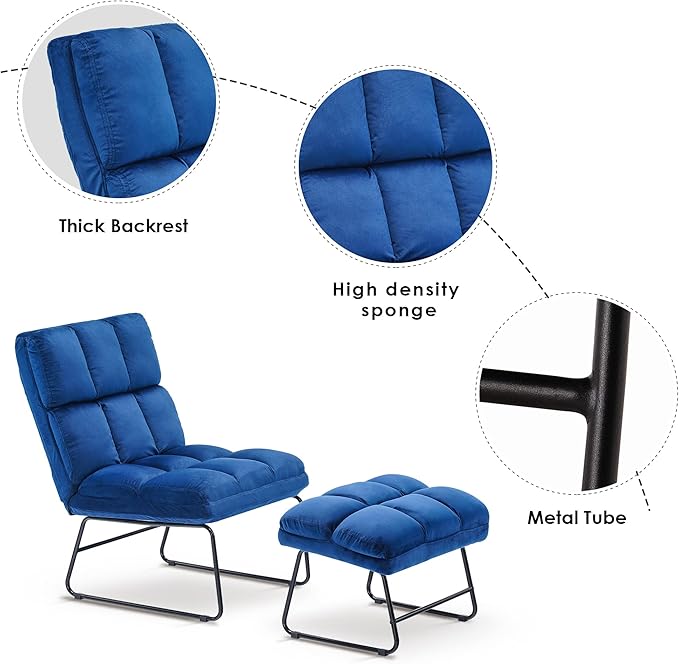 MCombo Velvet Accent Chair with Ottoman Set Modern Armless Chair for Living Room Bedroom Small Space 0014 (Velvet Blue)