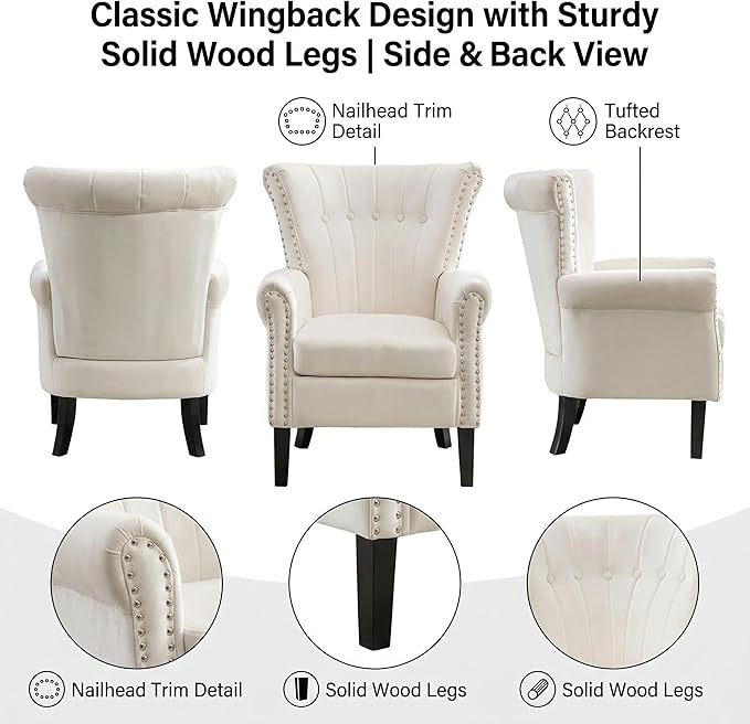 Modern Accent Chair for Living Room Comfy Upholstered Armchair for Bedroom &amp Small Spaces Mid Century Lounge Reading Chair for Office(White)