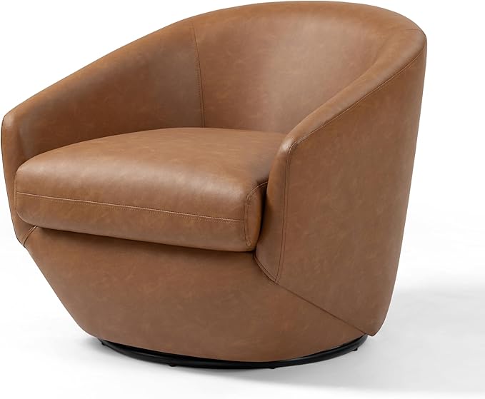 Swivel Barrel Accent Chair Modern Round Faux Leather Arm Chair for Living Room Bedroom Comfy Club Reading Chairs for Adults(Faux Leather Brown Set of 2)