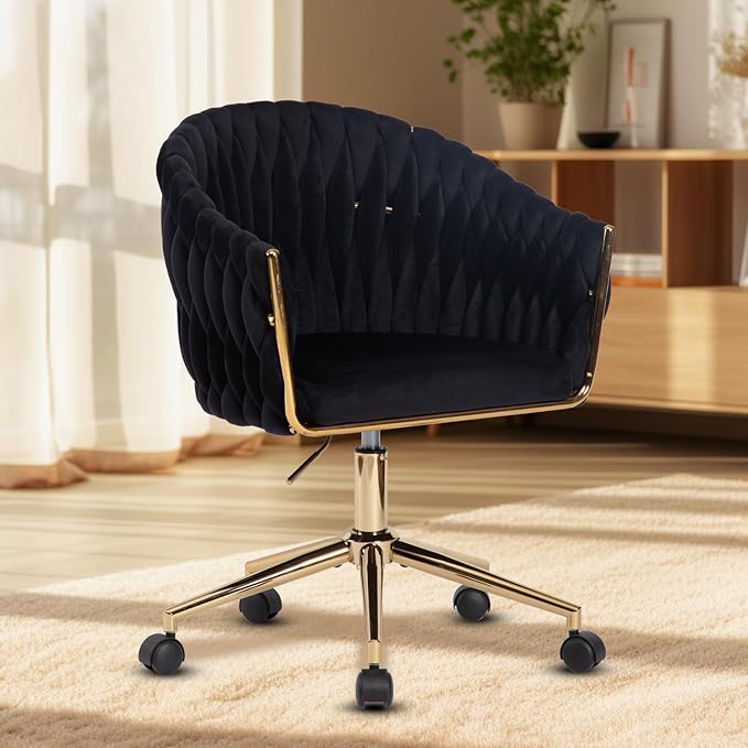 Velvet Office Chair with Hand Woven Black Vanity Chairs with Golden Wheels 360° Swivel Home Office Desk Chair Computer Chairs Accent Chair Makeup Chair for Bedroom Living Room(Black)