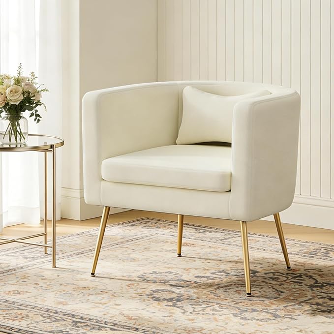 Velvet Accent Chair Set of 2 Modern Barrel Armchair with Lumbar Pillow &amp Gold Legs Upholstered Club Chairs for Living Room/Bedroom/Guest Reception White
