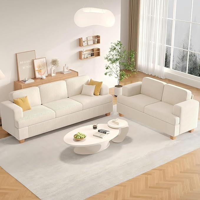 Apicizon 89'' 3-Seat Sofa Couch with Loveseat 2 Piece Comfy Sofa Sets for Living Room Modern Lounge Sofa Sleeper Couch for Apartment with Deep Seat Living Room Set White Corduroy