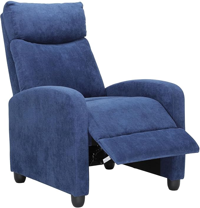 Compact Reclining Chair Linen Upholstered Single Recliner Sofa Chair with Adjustable Backrest &amp Footrest Ideal for Home Living Room Bedroom Office Navy Blue