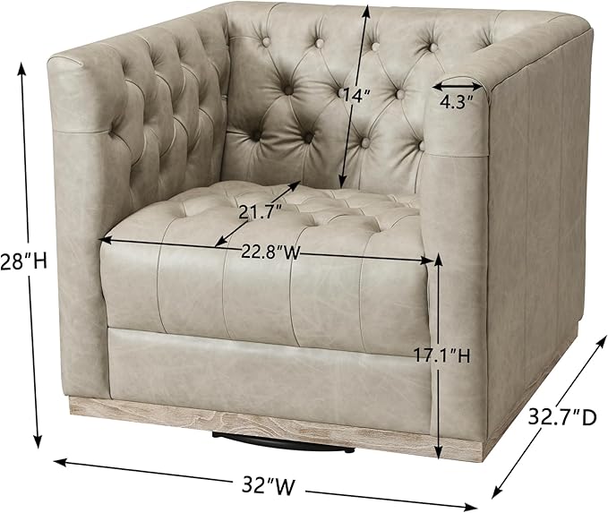 KINWELL 32'' W Genuine Leather Square Swivel Barrel Chair Mid Century Modern Tufted Swivel Accent Chair for Living Room Bedroom Office (Light Gray)