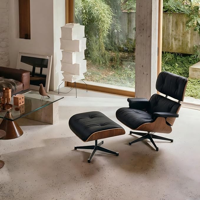 Mid Century Chaise Lounge Chair and Ottoman Reading Chair Leather Accent Chair Modern Chair Classic Design Heavy Duty Base Support for Living Room (Walnut-Black Tall)