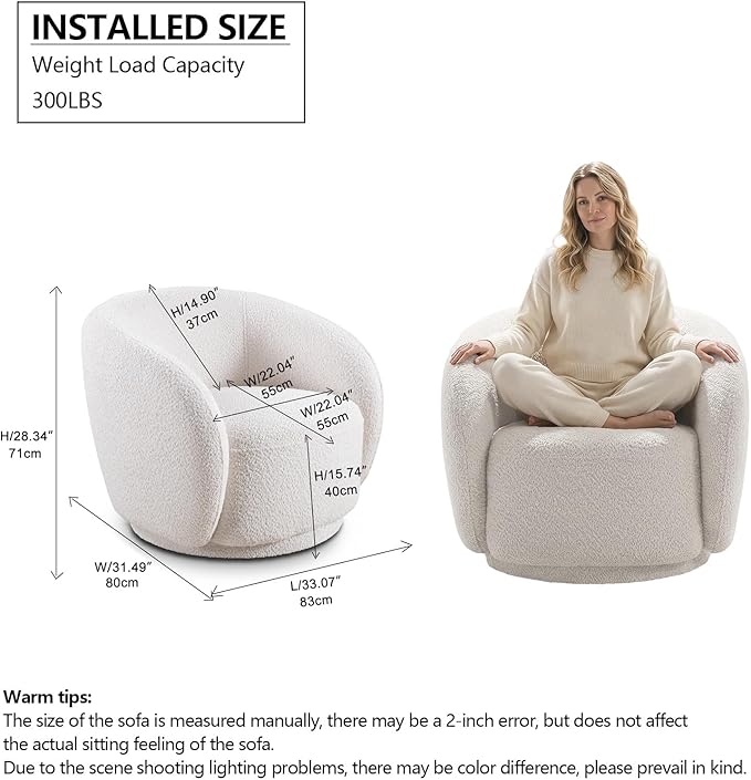 Boucle Swivel Barrel Chair Swivel Accent Chair 360° Base Oversized Round Chair with Thick Foam No-Assembly Single Sofa Chair for Living Room &amp Bedroom Modern White Boucle Accent Chair