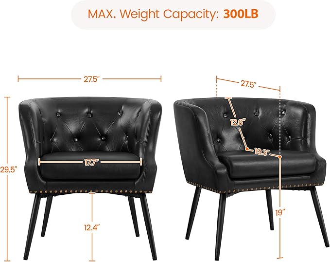 Yaheetech Modern Accent Chair Faux Leather Retro Armchair Upholstered Barrel Chair with Metal Leg and Comfy Seat Cushion for Living Room Bedroom Black Set of 2