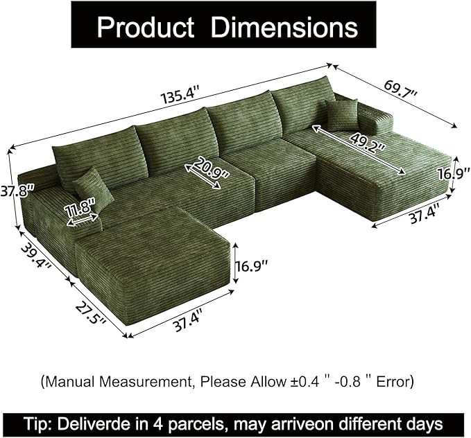 135.4 U Shaped Sectional Corduroy Boneless Couch with 1 Ottoman Modern Modular Couches for Living Room Apartments Upholstered Cloud Sofa with Deep Seat No Assembly Required (Green)