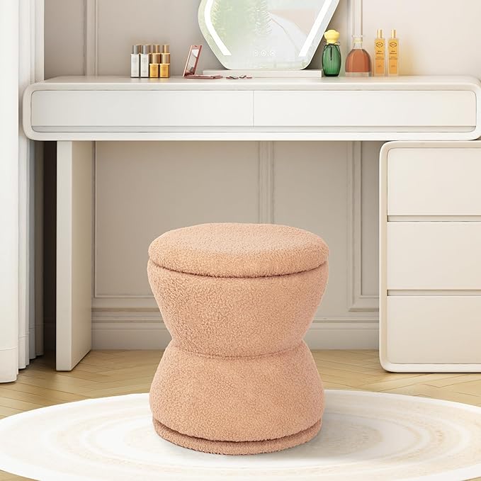 DHMAKER Round Ottoman with Storage 360°Swivel Vanity Stool Chiar with Wooden Frame Small Makeup Chair Comfy Foot Stool with Thick Padded for Living Room Bedroom Entryway