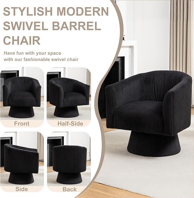 Swivel Accent Chair Modern 360° Barrel Chair Corduroy Upholstered Single Sofa for Living Room Bedroom(Black)