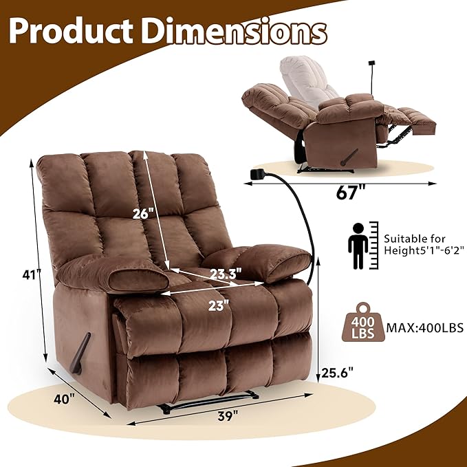 Manual Adjustable Oversized Recliner Chair with Phone Holder Extra Large Recliner for Heavy Duty Adults 400lbs Big Man Recliners for Living Room Nursery RV