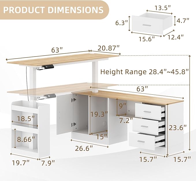 63 Large Electric Standing Office Desk with Drawers Modern Executive Deep L Shaped Computer Raising Stand up Desk with Shelves Storage for Home Office Adjustable Height White &amp Natural