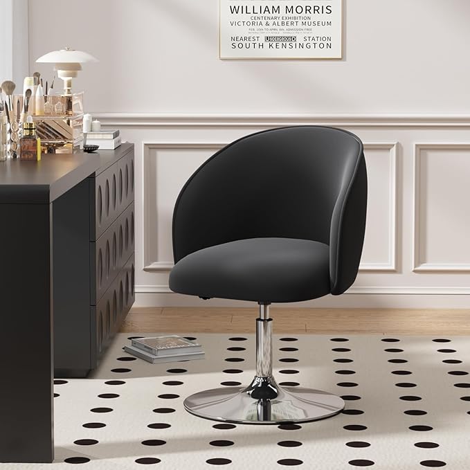 Furniliving Makeup Vanity Chair Flexible Round-Back Accent Chair with Plated Frame Height Adjustable Swivel Chairs for Living Room Charming Chair Lounge Pub Bar (Black)