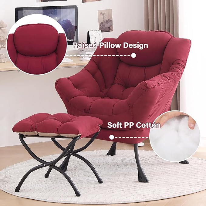 Tiita Lazy Chair with Ottoman Red Modern Large Accent Chair Comfy Leisure Sofa Armchair with Ottoman Reading Chair with Footrest for Bedroom Living Room Dorm Rooms Wine red