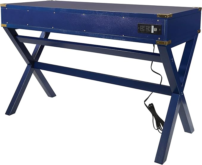 OSP Home Furnishings Wellington 46-Inch Writing Desk with Power Hub and 3 Storage Drawers Lapis Blue