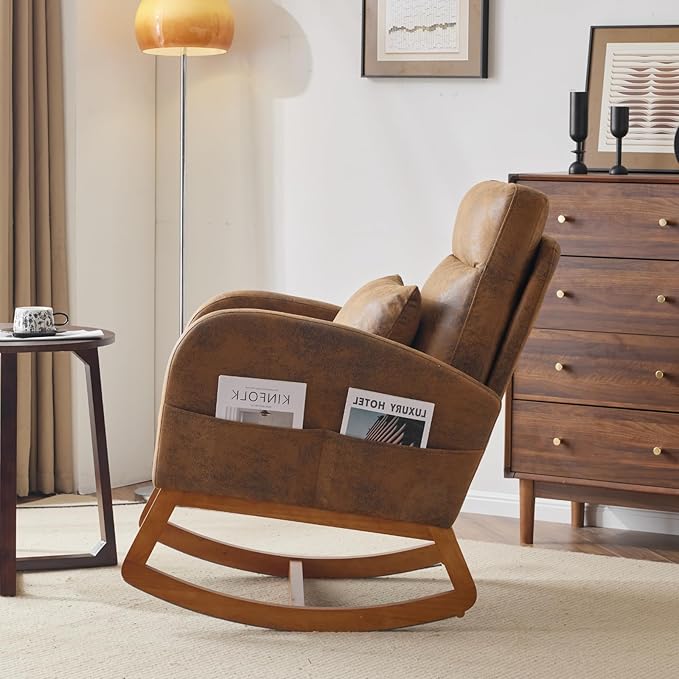 VINGLI Rustic Microfiber Nursing Rocking Chair with Thick Headrest Upholstered Mid-century Modern Nursery Rocker Glider with Curved Armrest Sturdy Solid Wood Base for Living Room Bedroom Baby Room