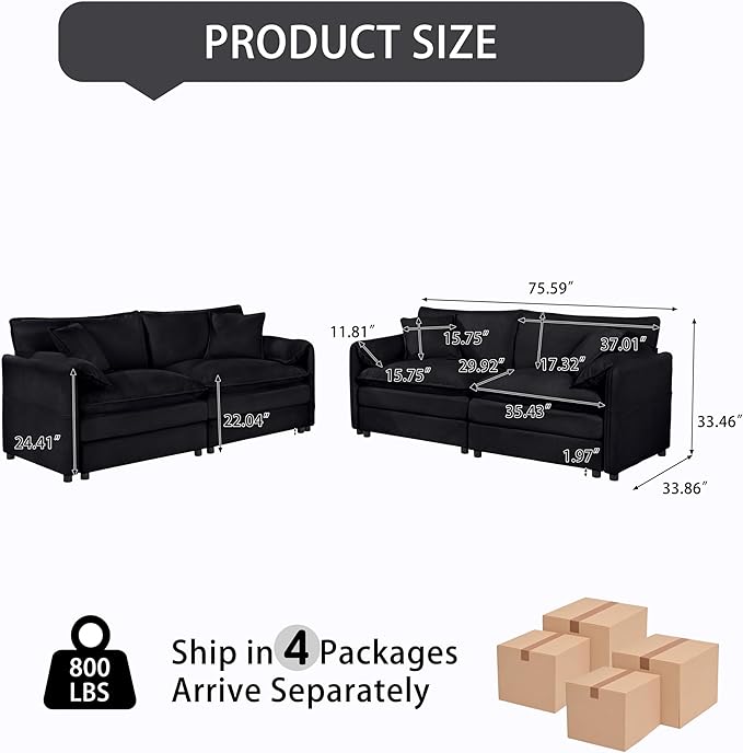 Oversized Cloud Modular Couches Sets2 Pieces Sectional Loveseat Sofa4-Seater Modern Chenille Upholstered Sofas Set for Office Apartment with 4 PillowsBlack