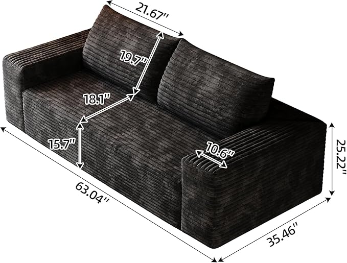 63 Cloud Loveseat Boneless Sofa Couch in a Box 2 Seater Foam Compression Couches Modern Living Room Floor Sofa Couch Corduroy Small Love Seat No Assembly Required Black