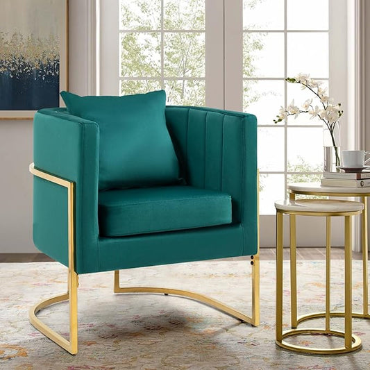 Modern Velvet Barrel Armchair with Lumbar Pillow Mid-Century Upholstered Accent Chair for Living Room Bedroom Single Sofa Club Reception Chair with Golden Metal Legs Green
