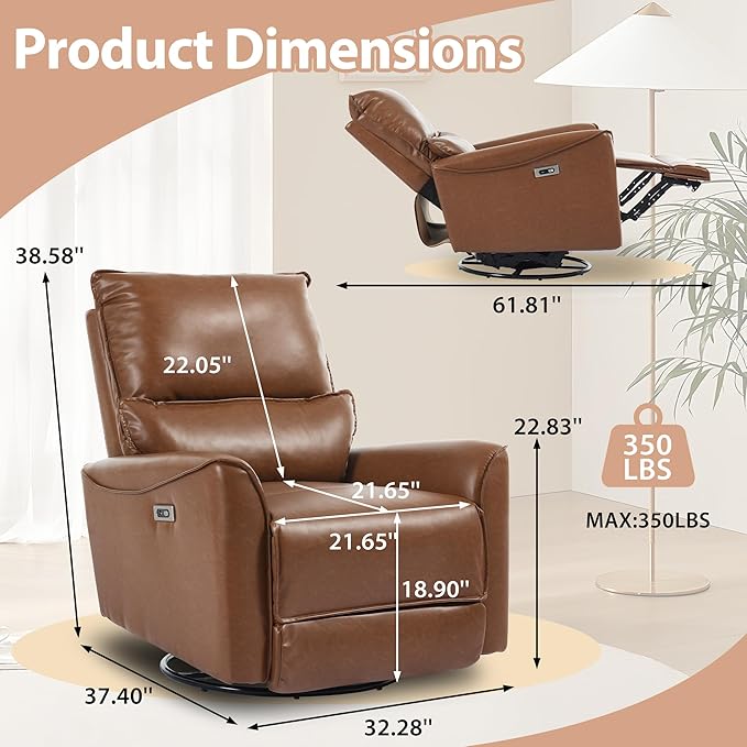 Power Swivel Rocker Recliner PU Leather Glider Electric Rocking Chair with Charging Ports and Lumbar Support Electric Wall Hugger Recliner for Living Room Bedroom Nursing RV Brown