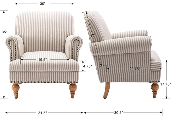 chairus Linen Accent Chair for Living Room Upholstered Mid Century Modern Single Sofa Chair with Solid Wood Legs Comfy Reading Chair Armchair for Bedroom/Office Room/Recption/Lounge Khaki Stripe