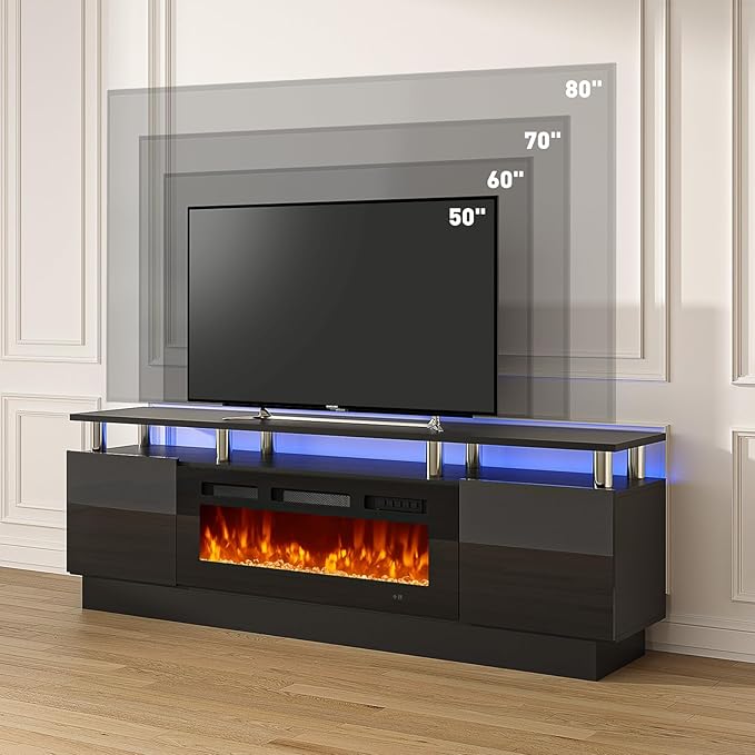 MXV 70 Fireplace TV Stand Modern Entertainment Center &amp 36 Inch Electric Fireplace with Remote Control LED Light Fire Place Tv Stand for Living Room for TVs up to 80 Black + Black