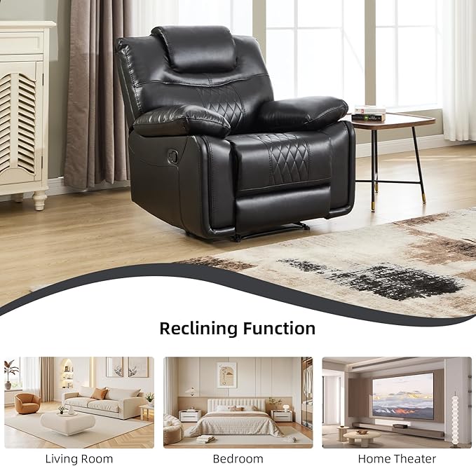 EBELLO Faux Leather Manual Recliner Chair Overstuffed Reclining Sofa with Comfortable Armrest and Backrest Single Couch for Living Room Black