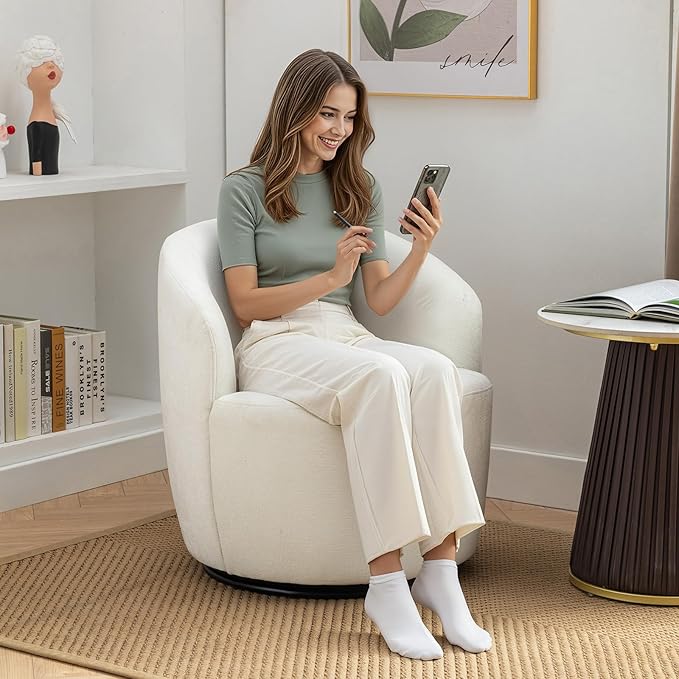 360 Degree Swivel Accent Chair Modern Barrel Vanity Chair with Back Comfy Single Circle Couch for Living Room Bedroom Reading Nook (Chenille White)