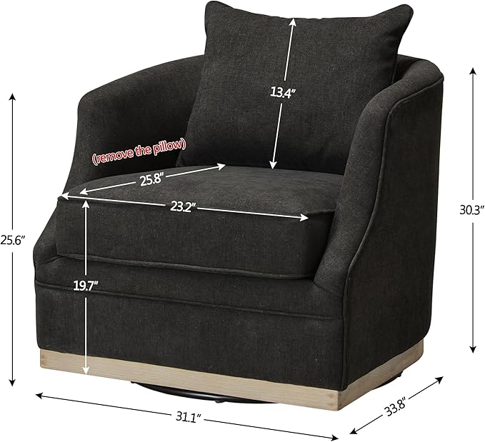 KINWELL 31 Wide Linen Fabric Swivel Barrel Chair FSC Certified Upholstered Swivel Armchair with Pillow Back for Living Room Bedroom Fully Assembled (Black)