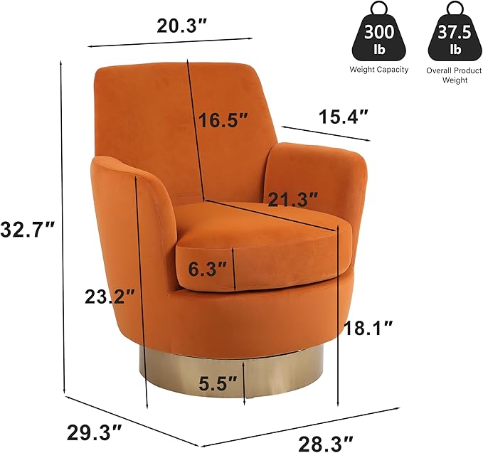 Swivel Accent Chair Modern Velvet American Design Swivel Round Barrel Chairs Upholstered Cozy Style for Living Room Bedroom Home Office (Velvet Orange 1 Pack)