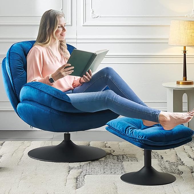 Swivel Accent Chair with Ottoman Set Velvet Modern Lounge Chair with Metal Base Frame &amp Footrest Comfy Lazy Single Leisure Armchair Reading Chair with 360 Swiveling For Living Room/Bedroom/Blue