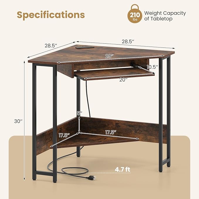 Giantex Small Corner Desk with Charging Station Triangle Computer Desk with Keyboard Tray &amp Storage Shelf Metal Corner Writing Desk for Bedroom Small Space Home Office Black &amp Rustic Brow