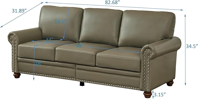 82 Faux Leather Pu Couch Underseat Storage Classic Sofa Elegance 3 Seat with Rolled Armrests Nailhead Trim Wood Legs Classic Living Room Accent Sofa 3 Seat-Grey