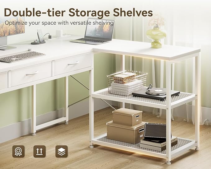 Casaottima L Shaped Desk Reversible Computer Desk with 3 Fabric Drawers 53 Corner Desk with Power Outlets&ampStorage Shelves White Desk with Movable CPU Stand Desk for Home Office