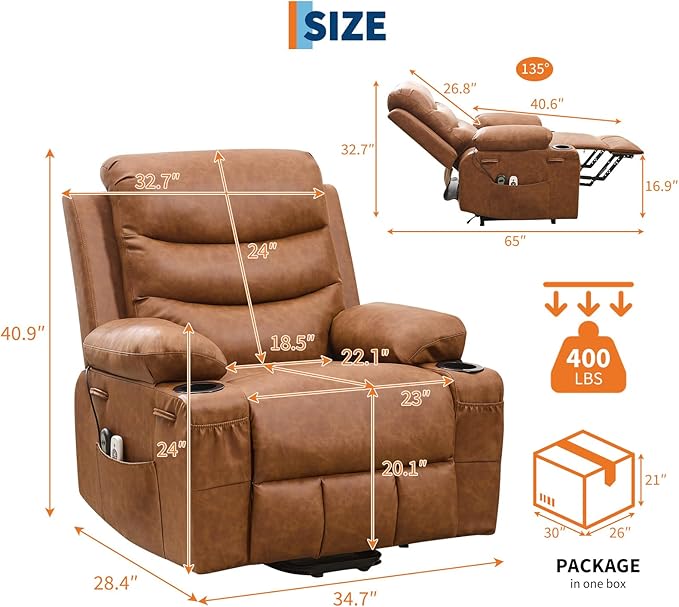 GarveeHome Power Lift Recliner Chair for Elderly Oversized Electric Lift Chair with Heat and Massage PU Leather Adjustable Recliner with Cup Holders &amp Side Pocket for Living Room Brown