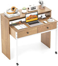 Tangkula Extendable Computer Desk with 2 Drawers Small Writing Desk with Pull Out Secondary Desk Console Table Wood Study Workstation Laptop Desk for Small Space Home &amp Office (Natural)