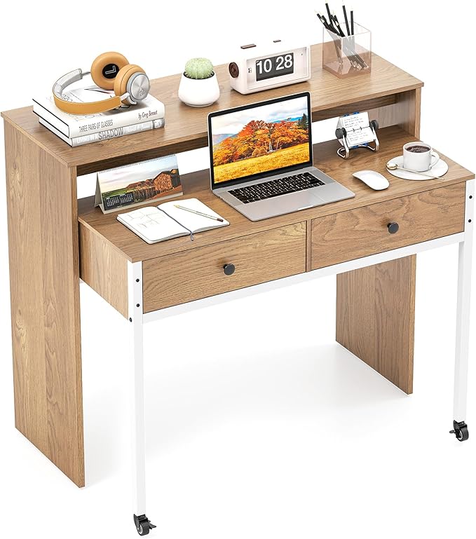Tangkula Extendable Computer Desk with 2 Drawers Small Writing Desk with Pull Out Secondary Desk Console Table Wood Study Workstation Laptop Desk for Small Space Home &amp Office (Natural)