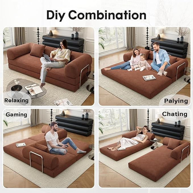 78.8 Modular Sofa Bed - 4-in-1 Convertible Design with Corduroy Fabric and High Density Sponge Removable Cover and Fixed Frame