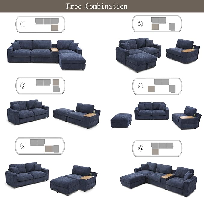 Oversized L-Shaped Modular Sectional Sofa with Storage Armrest Reversible Couch with Movable Ottoman USB Ports Cup Holders 360°Swivel Tray Comfy Cloud Cushions for Living Room or Apartment Blue