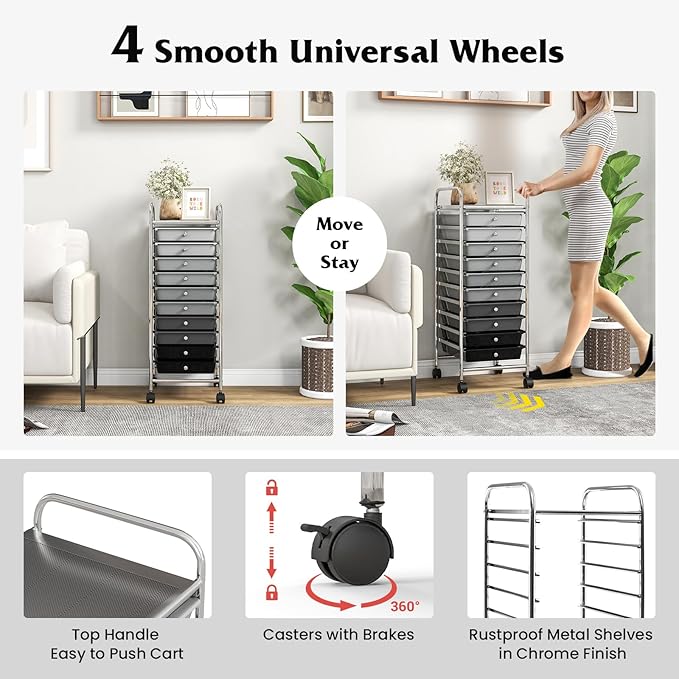 Giantex 10-Drawer Storage Cart w/Universal Wheel Rolling Cart w/Handle Home Organizer Storage Unit w/Removable Drawers Trolley Utility Cart for Kitchen Makeup Living Room Office Play Room