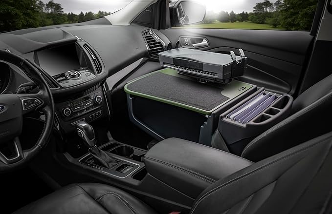 AutoExec GripMaster Car Desk for Your Vehicle Workstation and Mobile Office Army Green with Printer Stand and 400 watt Power Inverter