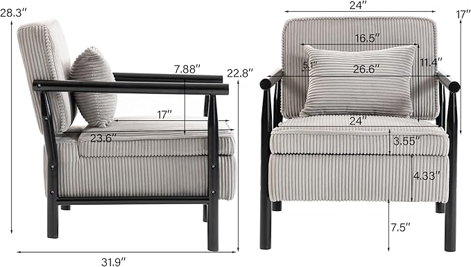 Accent Chair Comfy Modern Mid-Century Accent Chairs with Storage Corduroy Upholstered Lounge Armchair with Solid Wood Reading Side Single Sofa for Living Room/Office/Balcony/Bedroom-Gray