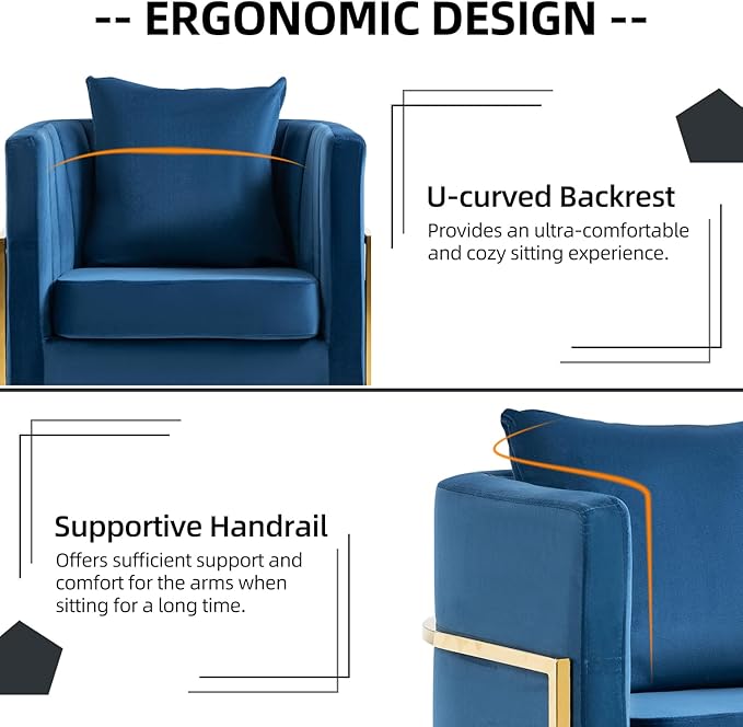 X-VOLSPORT Velvet Accent Chair Modern Barrel Arm Chair for Living Room/Bedroom/Guest Reception Upholstered Club Armchair with Pillow &amp Gold Base Navy Blue