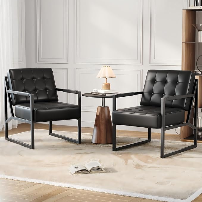 Garvee Mid Century Accent Chair Set of 2 Faux Leather Armchair with Metal Legs Comfortable and Stylish for Living Room Bedroom Reception and Office Durable Upholstery Sleek Design