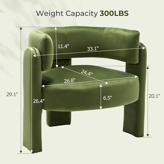 Barrel Accent Chair Mid Century Modern Upholstered Living Room Chairs with Wooden Legs Comfy Velvet Reading Arm Chair for Bedroom Makeup Room Green