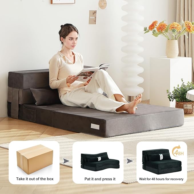 Tiita Folding Sofa Bed Couch Single Size Foldable Futon Chair with Pillow Folding Sleeper Sofa Chair Bed Floor Mattress for Guest Room Living Room Dark Green